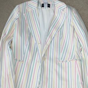 White women's blazer with multi color vertical stripes.